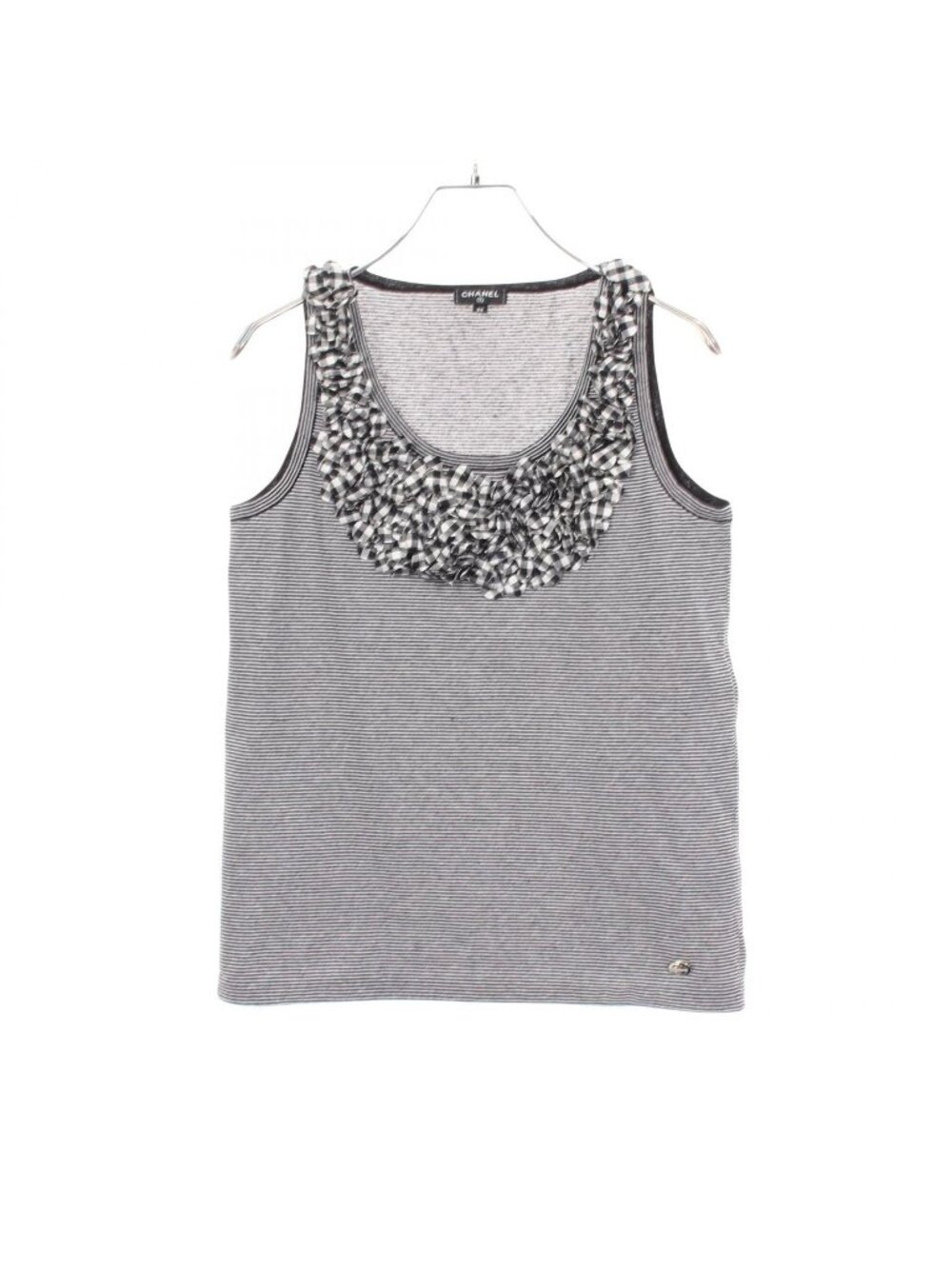Chanel Tank Top CC Logo Button Border Check Ruffle Cotton